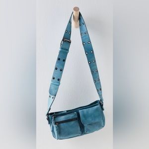 Free People Wade Leather Sling Bag Purse Coastal Blue NEW
